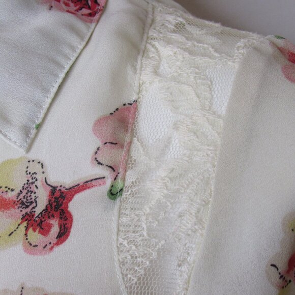 Miss Me Cream Floral Boho Tie Waist Tunic Top Tab Roll Sleeve Women's S Small - Picture 3 of 11